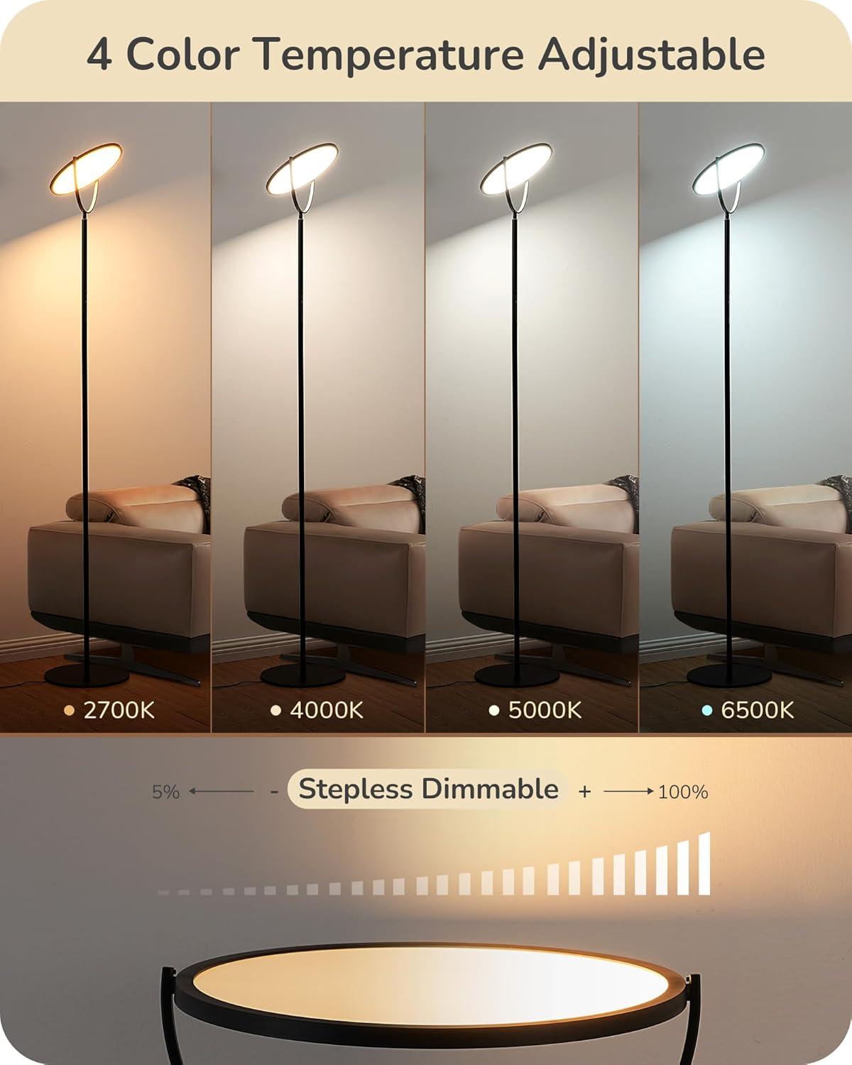 76" Tall Floor Lamp, 28W 2500LM Super Bright Lights for Living Room, 300° Flexible Head Reading Lamps with Remote, 2700K-6500K Dimmable LED Torchiere Corner Lights for Bedroom, Office Black