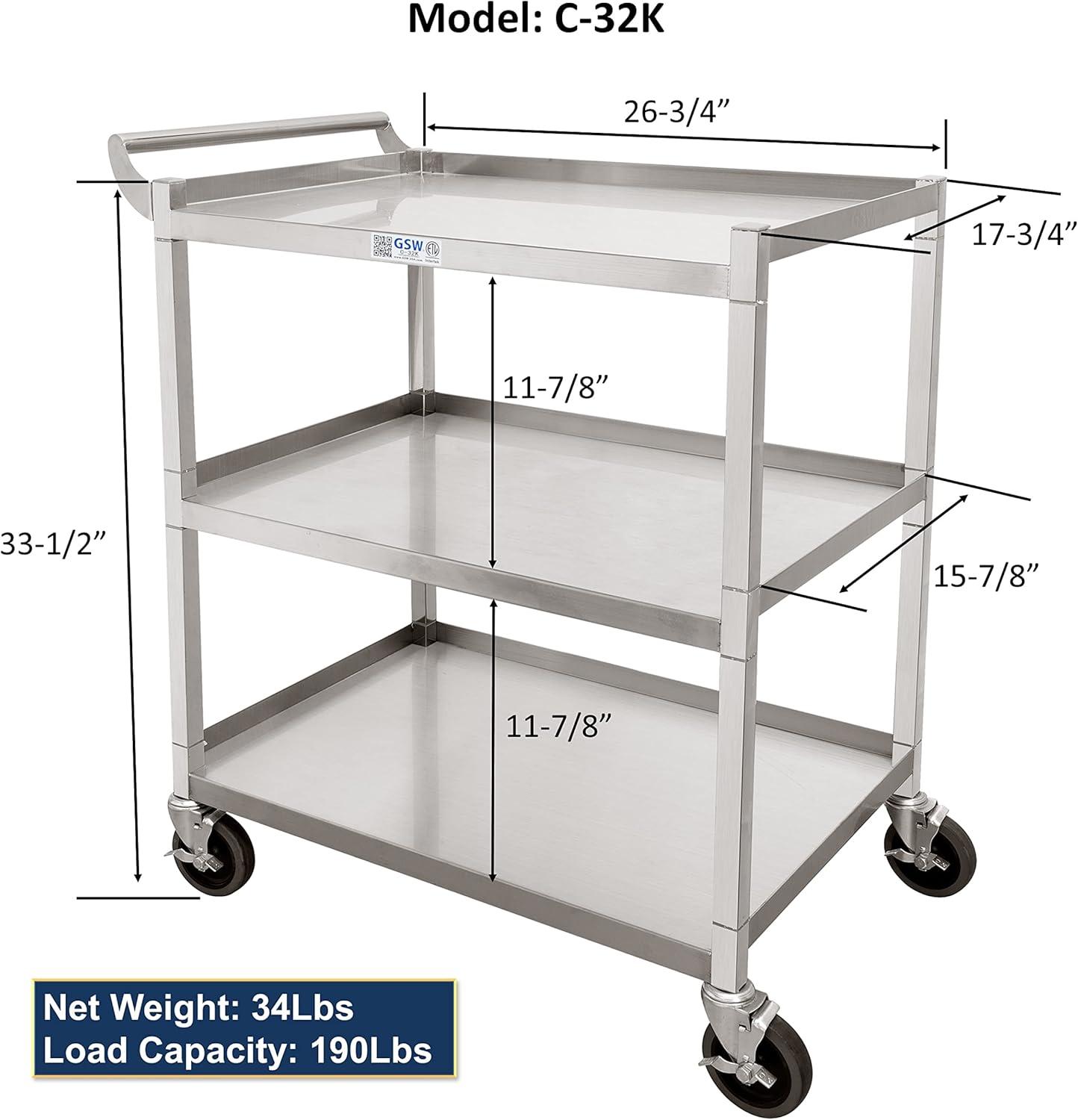 GSW C-32K GSW Stainless Steel Solid 1-Inch Tubular Utility Cart with 5-Inch Swivel Casters, NSF Approved