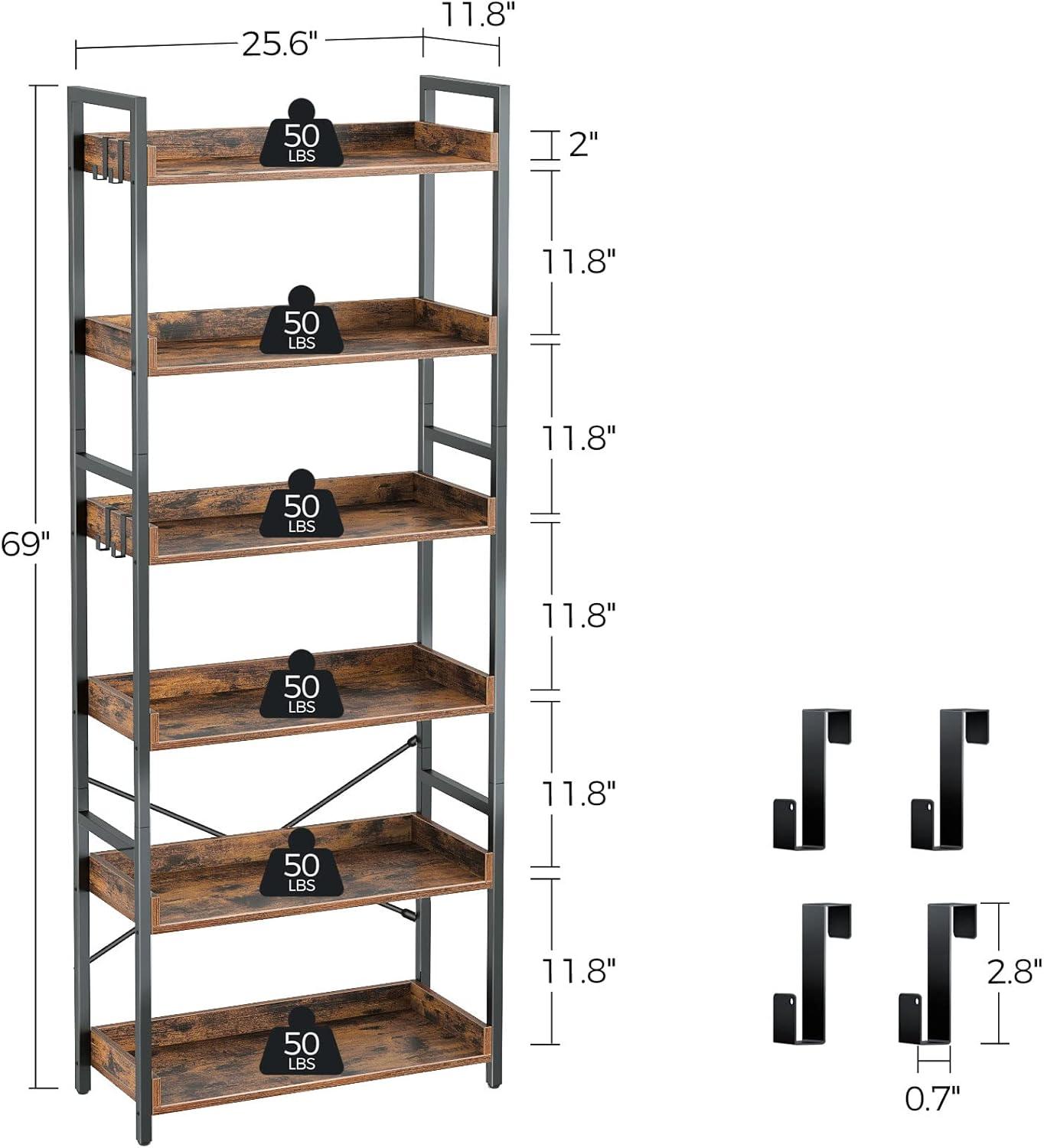 Bookshelf 6 Tier with 4 Hooks  Industrial Bookcase  Vintage Storage Rack with Open Shelves  Rustic Standing Bookshelves Metal Frame Display Rack for Living Room  Bedroom  Rustic Brown