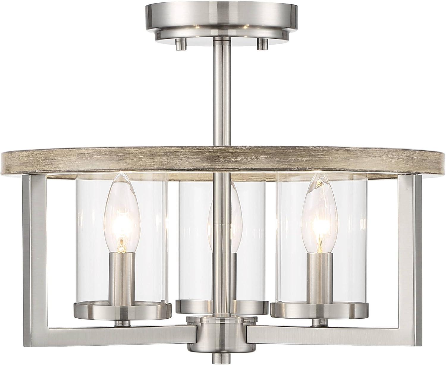 Possini Euro Design Senna Modern Industrial Ceiling Light Semi Flush Mount Fixture 15" Wide Brushed Nickel Gray Wood 3-Light Clear Glass for Bedroom