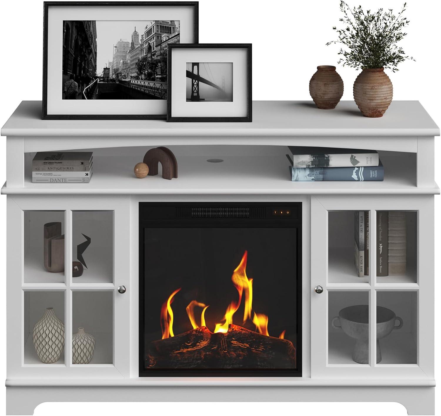 TV Stand with Electric Fireplace Fits TVs up to 50-Inches - Media Console with Storage Cabinet, Adjustable Heat, and LED Flames by Northwest (White)