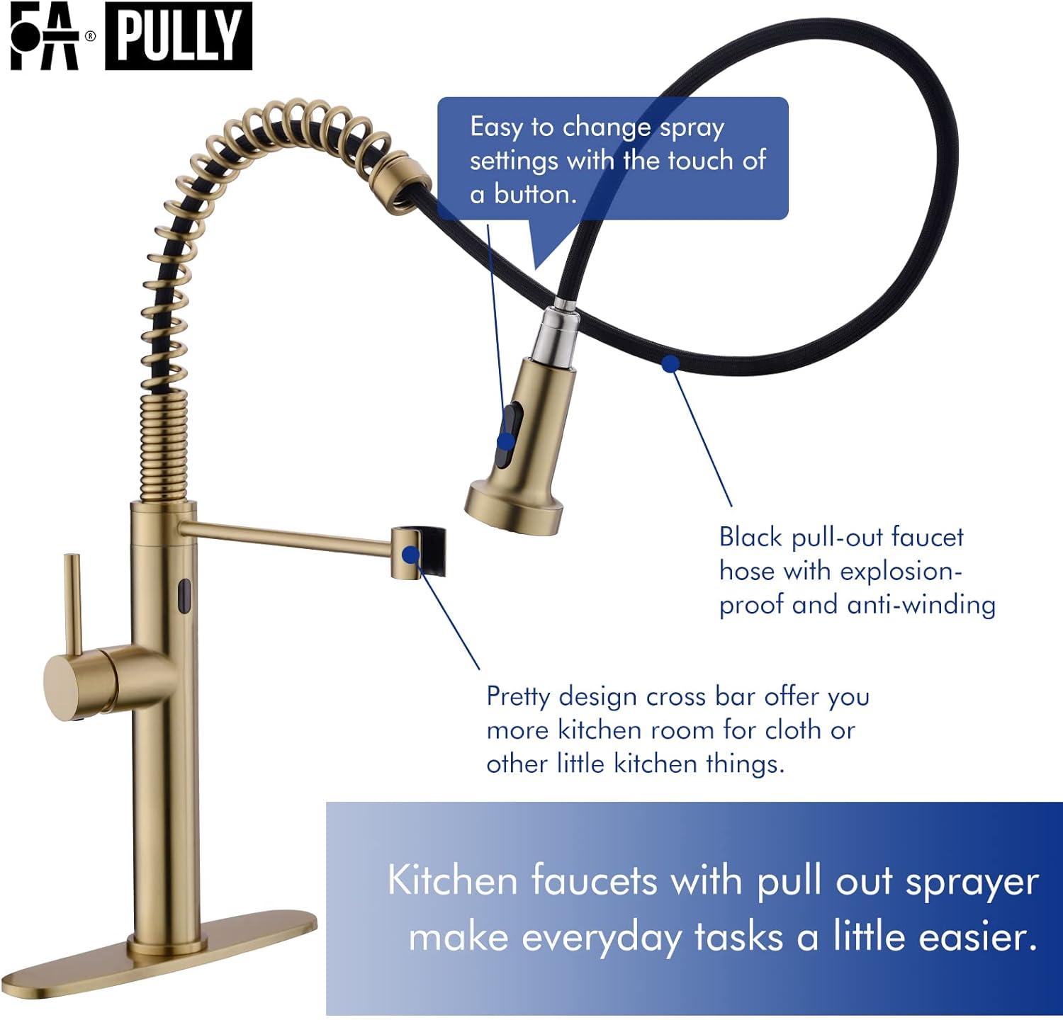 Fapully Touchless Kitchen Faucet with Pull Down Sprayer, Brushed Gold Motion Sensor Smart Commercial Single Handle Single Hole Faucet for Kitchen Sink