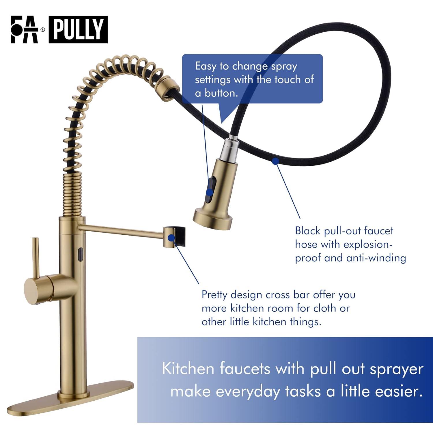 Fapully Touchless Kitchen Faucet with Pull Down Sprayer, Brushed Gold Motion Sensor Smart Commercial Single Handle Single Hole Faucet for Kitchen Sink