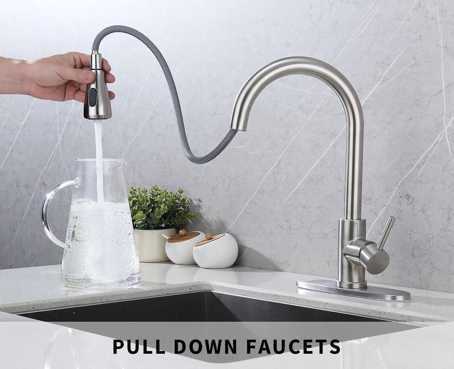 Brushed Nickel Kitchen Sink Faucet with Pull Down Sprayer Single Handle Single Hole Mixer Tap