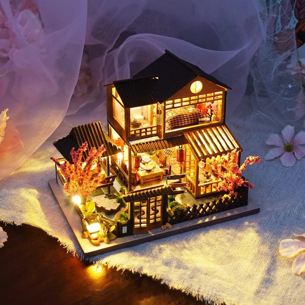 CUTEBEE Dollhouse Miniature with Furniture, DIY Wooden Dollhouse Kit Plus Dust Proof, Creative Room Idea (Japanese Garden House)