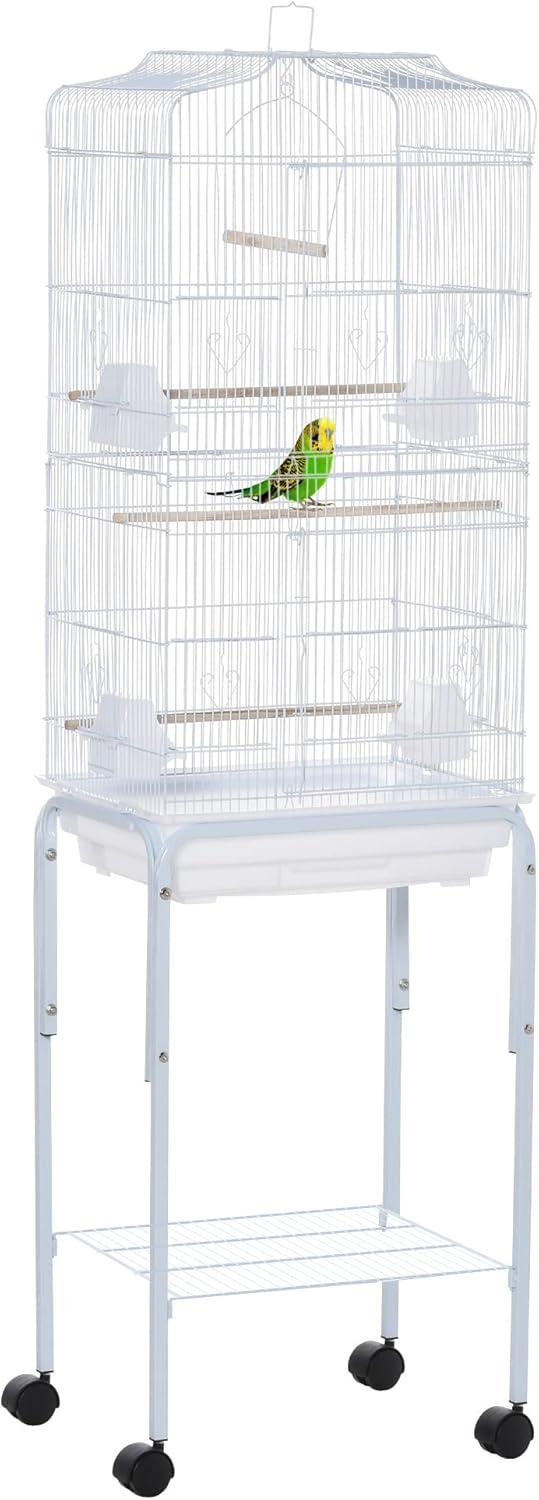 White Metal Bird Cage with Rolling Stand and Accessories