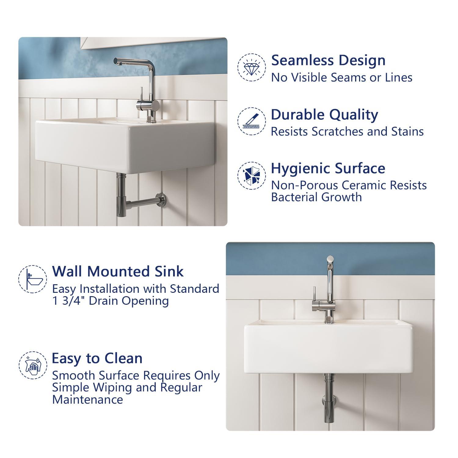 23'' x 18'' White Rectangular Vitreous China Wall Mount Bathroom Sink with Overflow