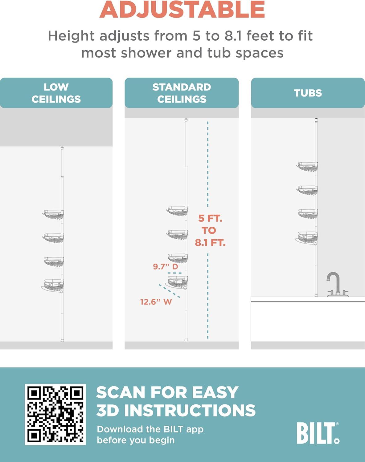 Zenna Home Tension Pole Shower Caddy 4 Basket Shelves with Built-in Towel Bar, Adjustable, 60 to 97 Inch, Chrome