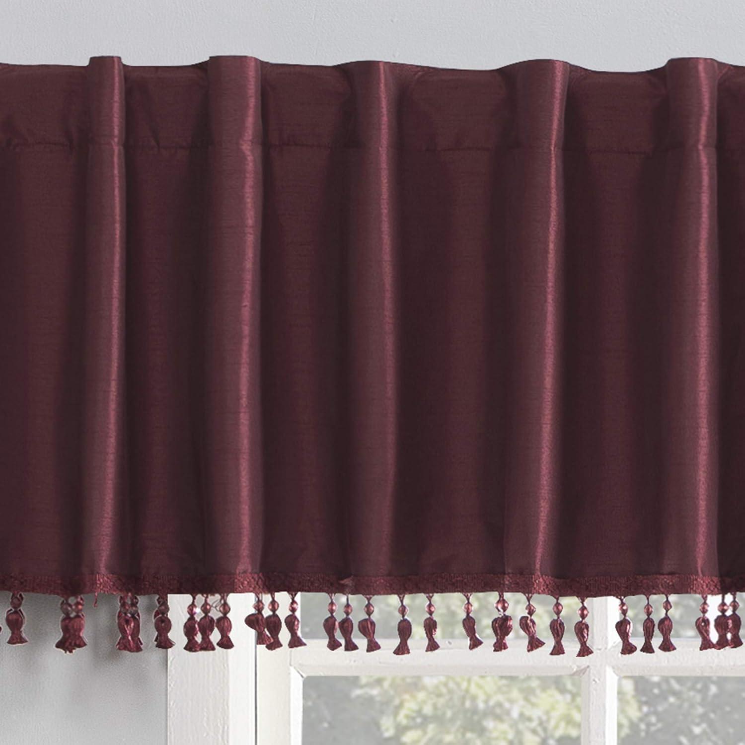 Bordeaux Red Faux Silk Blackout Valance with Beaded Tassels