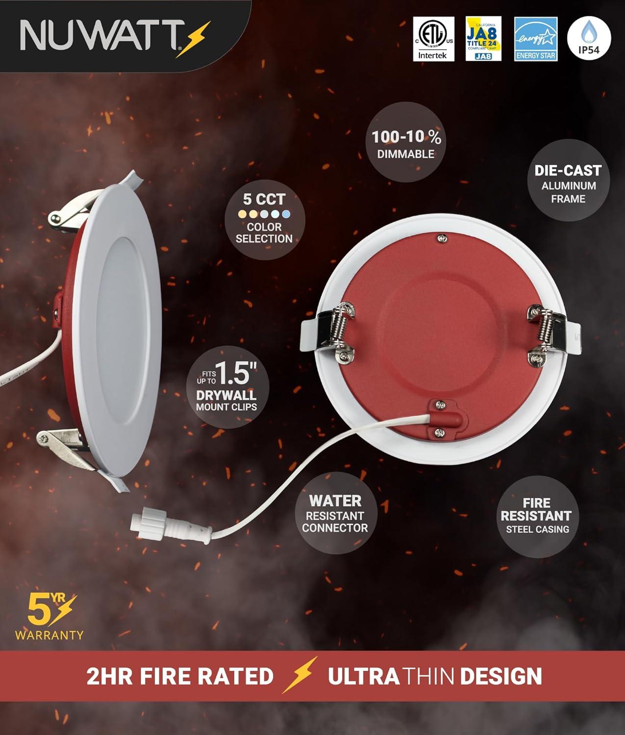 4 in. 2 HOUR Fire Rated Slim Canless LED Recessed Light 12W 5CCT 27K-50K Dimmable IC Rated 6PK
