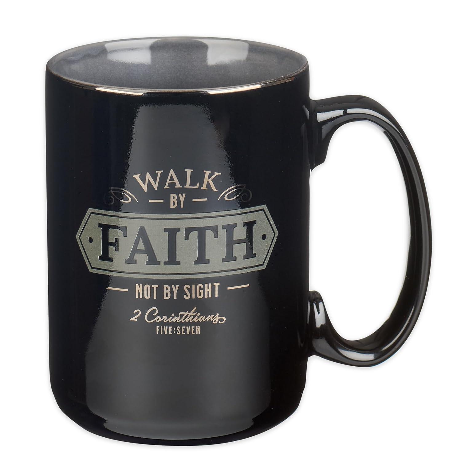 Christian Art Gifts Large Ceramic Bible Verse Coffee & Tea Mug for Men: Walk by Faith - 2 Corinthians 5:7 Inspirational Scripture, Non-toxic & Lead-free Novelty Drinkware, Black/Gray w/Silver, 14 oz.