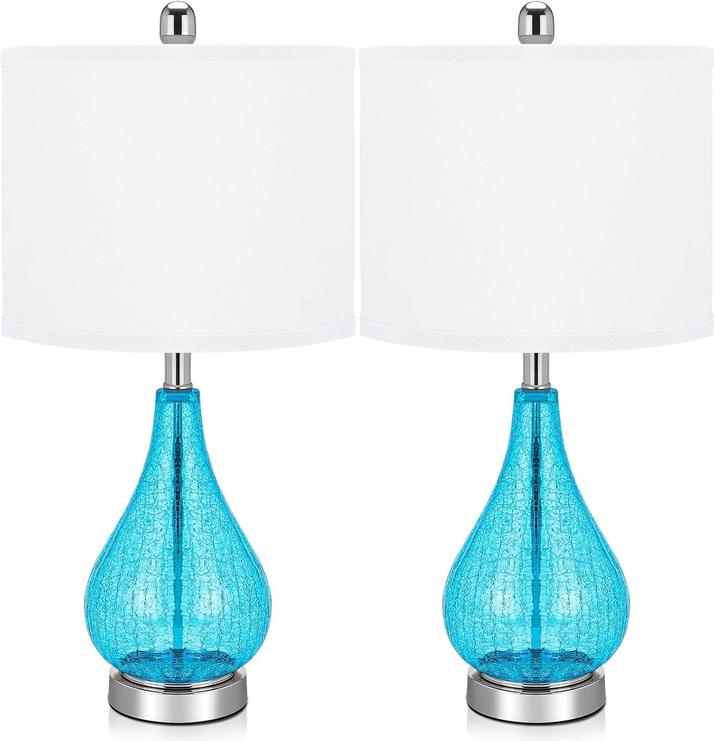 Glass Table Lamps Set of 2, Modern 23.5” Blue Cracked Glass Bedside Lamps, for Bedroom Living Room Home Office Desk Nightstand Table Lamp
