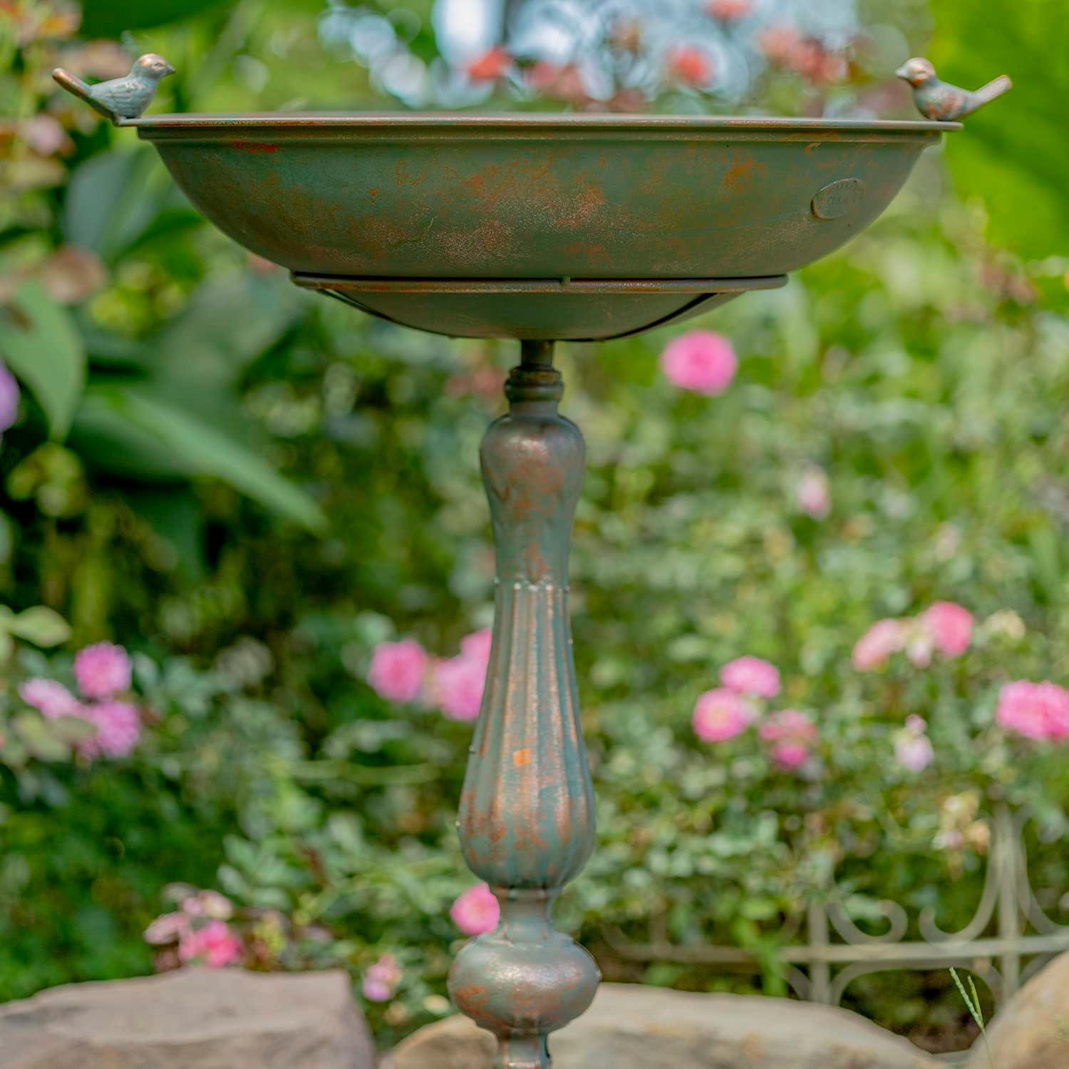 Zaer Ltd. Ornate Pedestal Style Birdbath with Cast Iron Birds on Rim (Bronze)