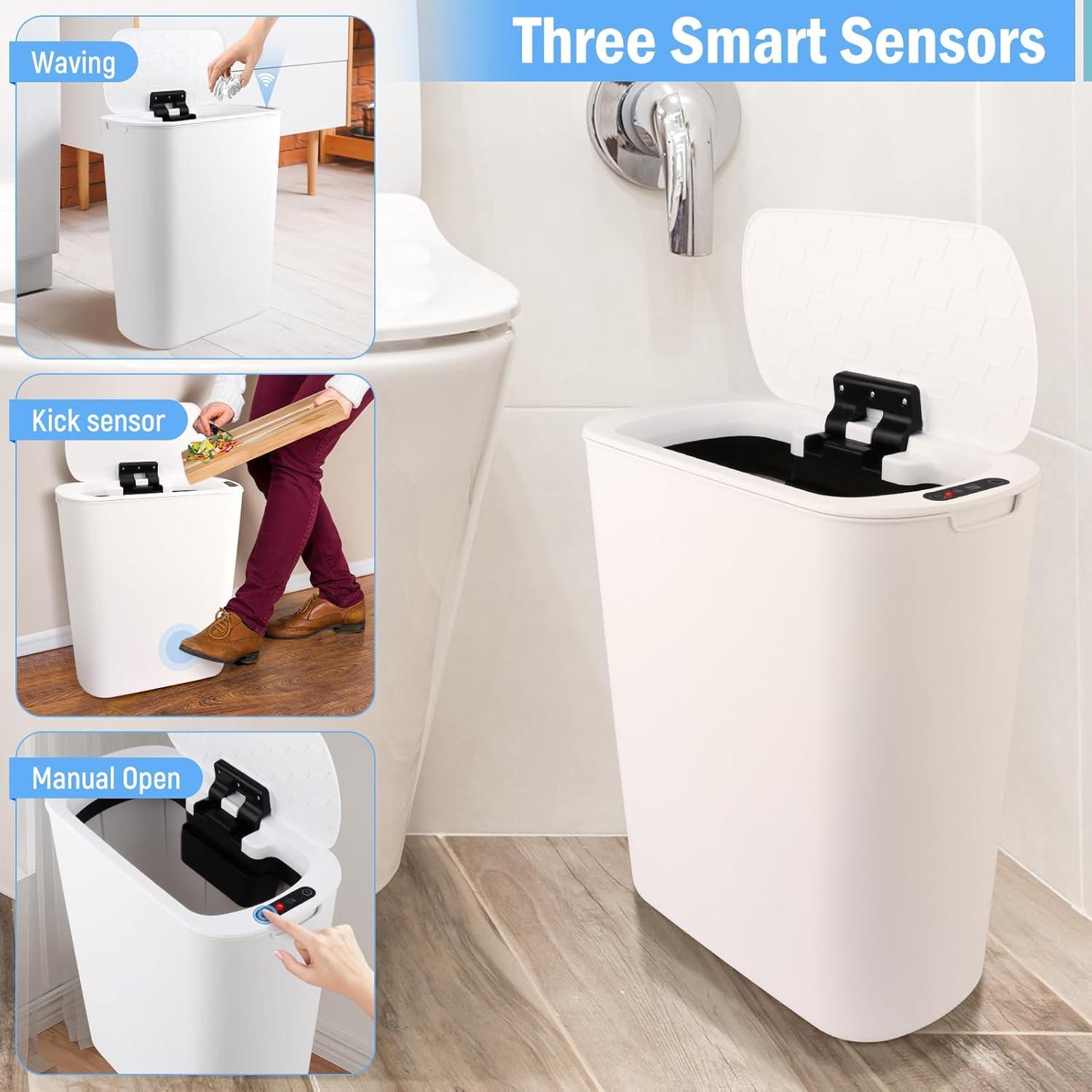 Bathroom Trash Can Automatic Touchless - Motion Sensor Garbage Can with Sealing Lid, 5.28 Gallon Smart Waterproof Plastic Slim Dustbin for Restroom, White