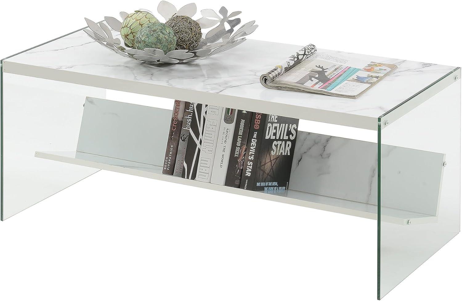 Convenience Concepts SoHo Glass Coffee Table with Shelf , White Faux Marble