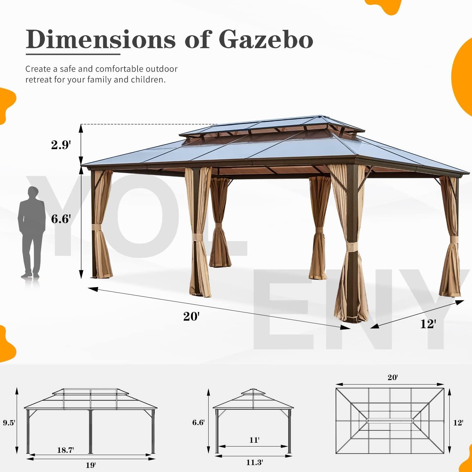 Brown 12' x 20' Aluminum Hardtop Gazebo with Curtains and Netting