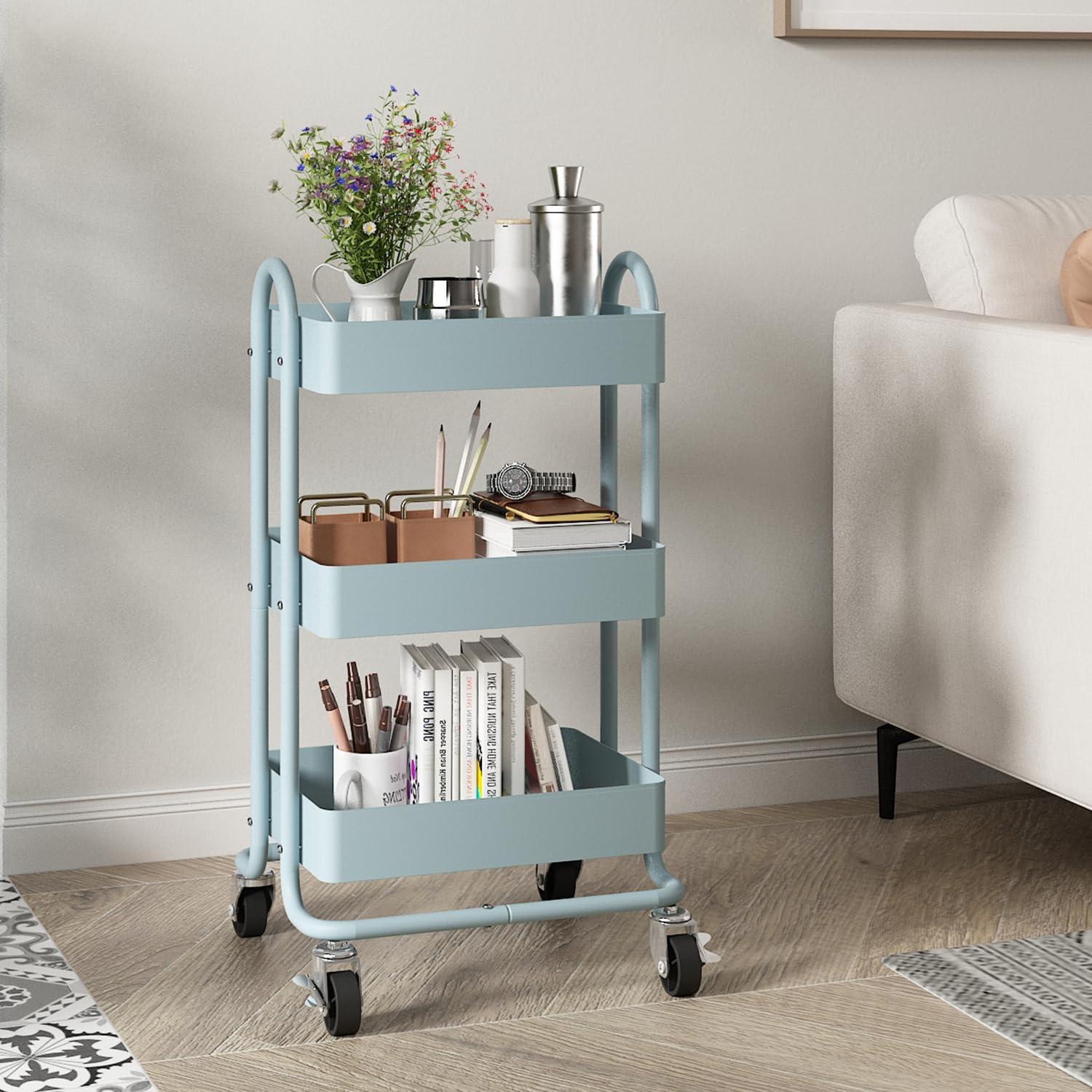 3-Tier Rolling Cart with Wheels,Kitchen Storage Carts or Metal Rolling Utility Cart with Handle,Movable Storage Organizer,Blue Carts for Nursery, Kitchen, Bathroom, Craft Room（13.4"x18.1"x31"）