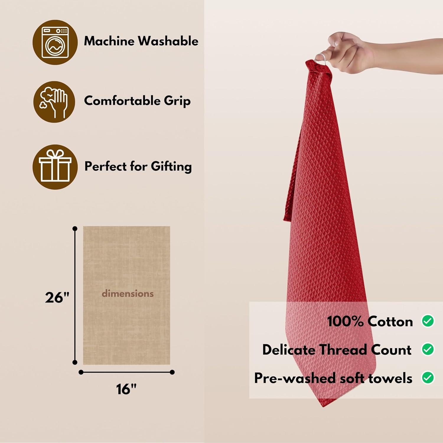 Native Fab 12 Pack Cotton Waffle Dish Towels - Kitchen Hand Cloths Set with Hanging Loop - Red