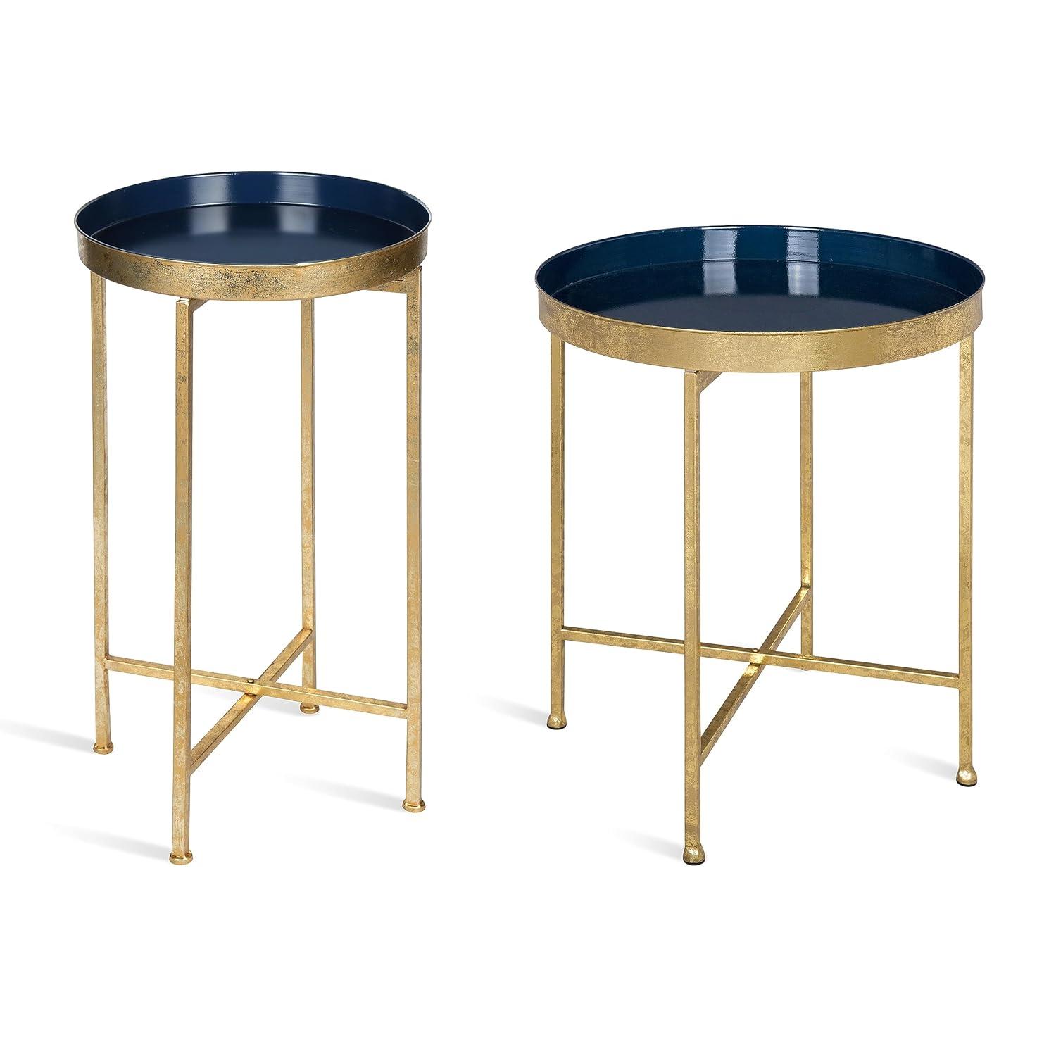 Kate and Laurel Celia Round Metal Tea Table, 14x14x25.75, Gold and Navy Blue