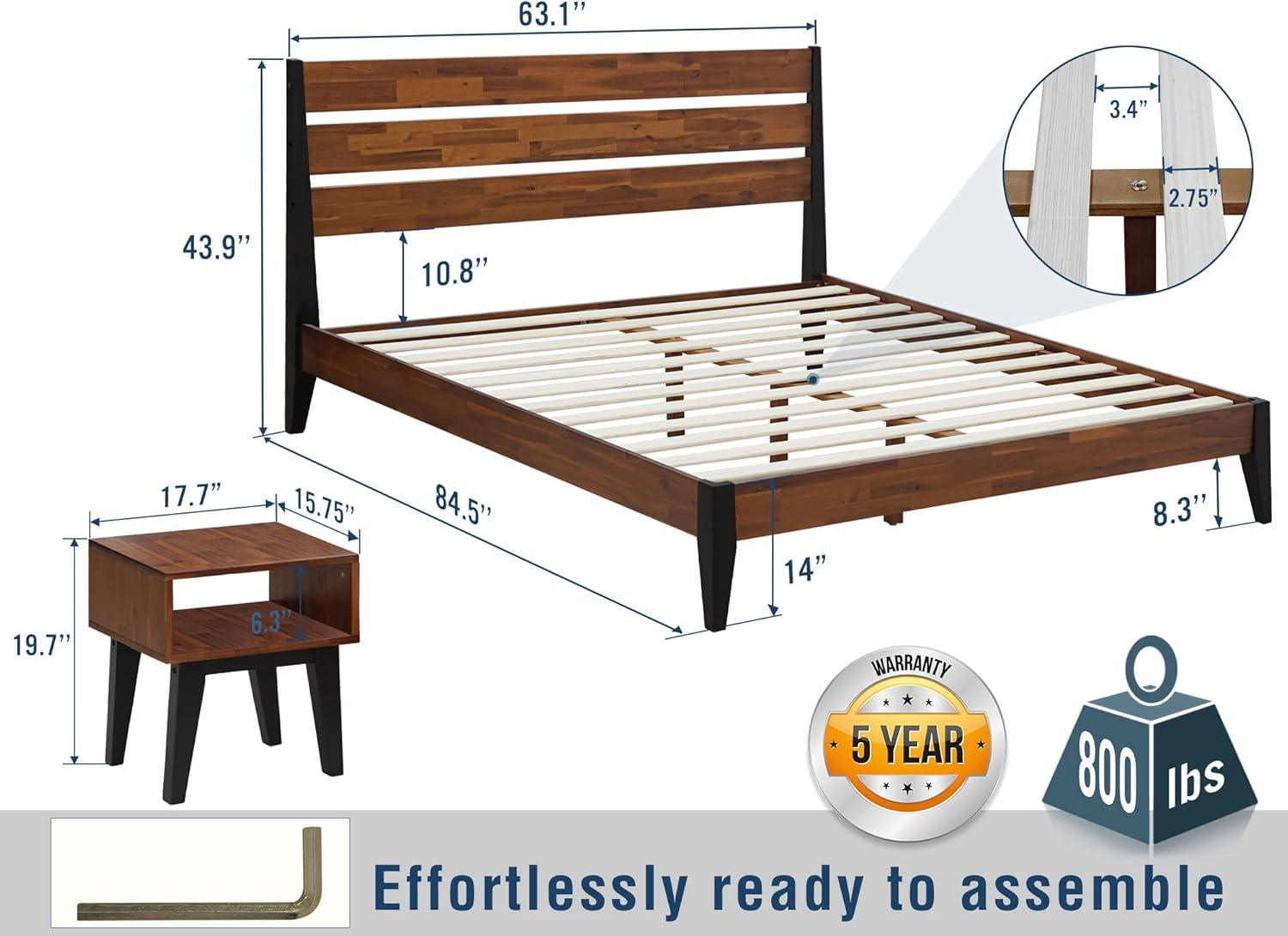 Acacia Emery 2-Pcs Bedroom Set – Solid Wood Platform Bed Frame & Matching Nightstand, Mid-Century Modern Farmhouse, 800 lbs Capacity, No Box Spring Needed