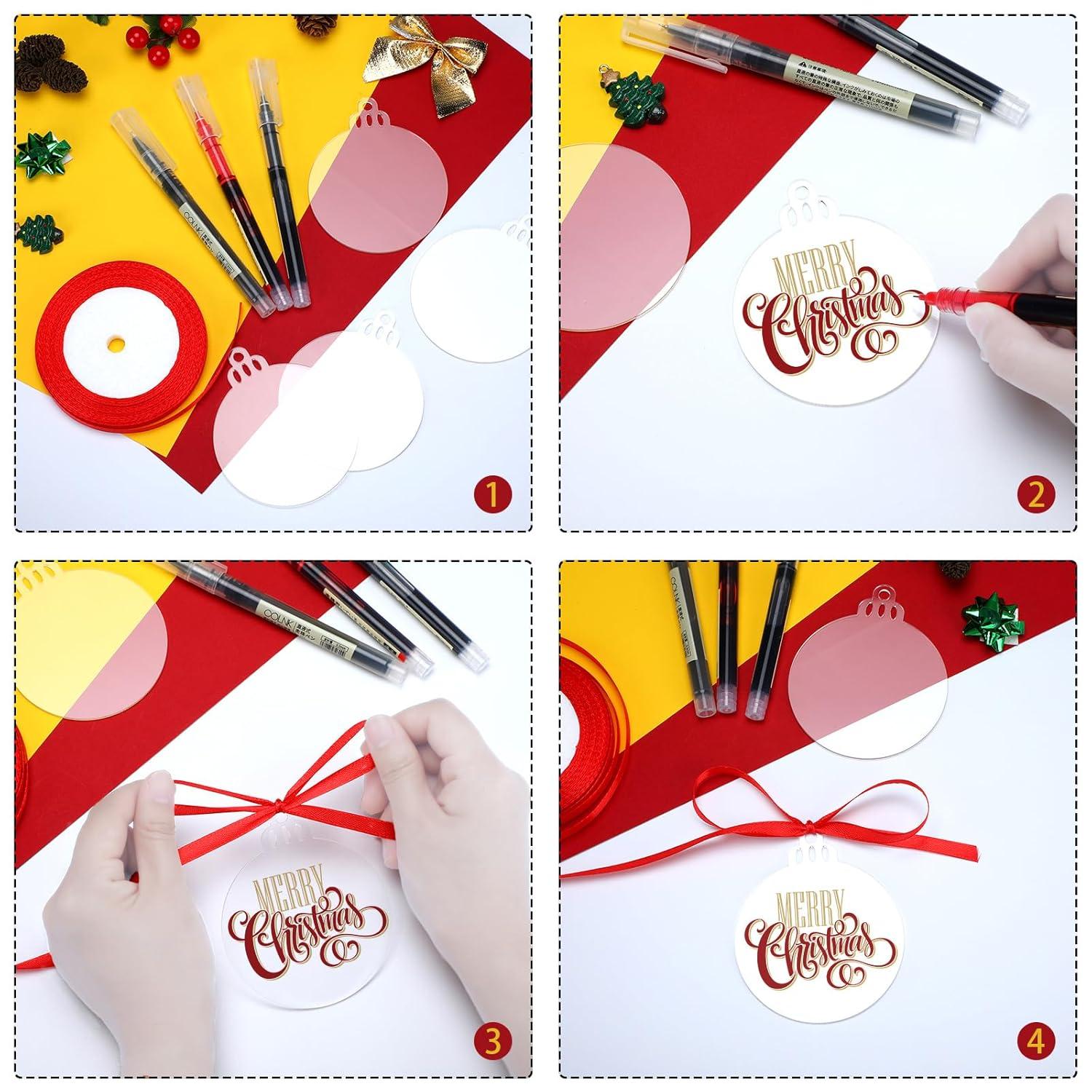 Clear Round Acrylic Christmas Ornaments Clear Blank Acrylic Disc Circle Red Ribbon with Hole DIY Crafts Acrylic Ornament for Xmas Tree Party Painting Hanging Decoration Supplies(3 Inch, 25 Pieces)
