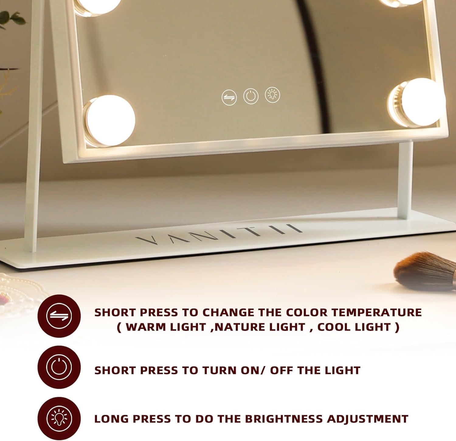 VANITII LLC VANITII Hollywood Vanity Makeup Mirror With 12 LED Bulbs Wireless Charge White Bluetooth 10X Magnifying Glass Smart Control
