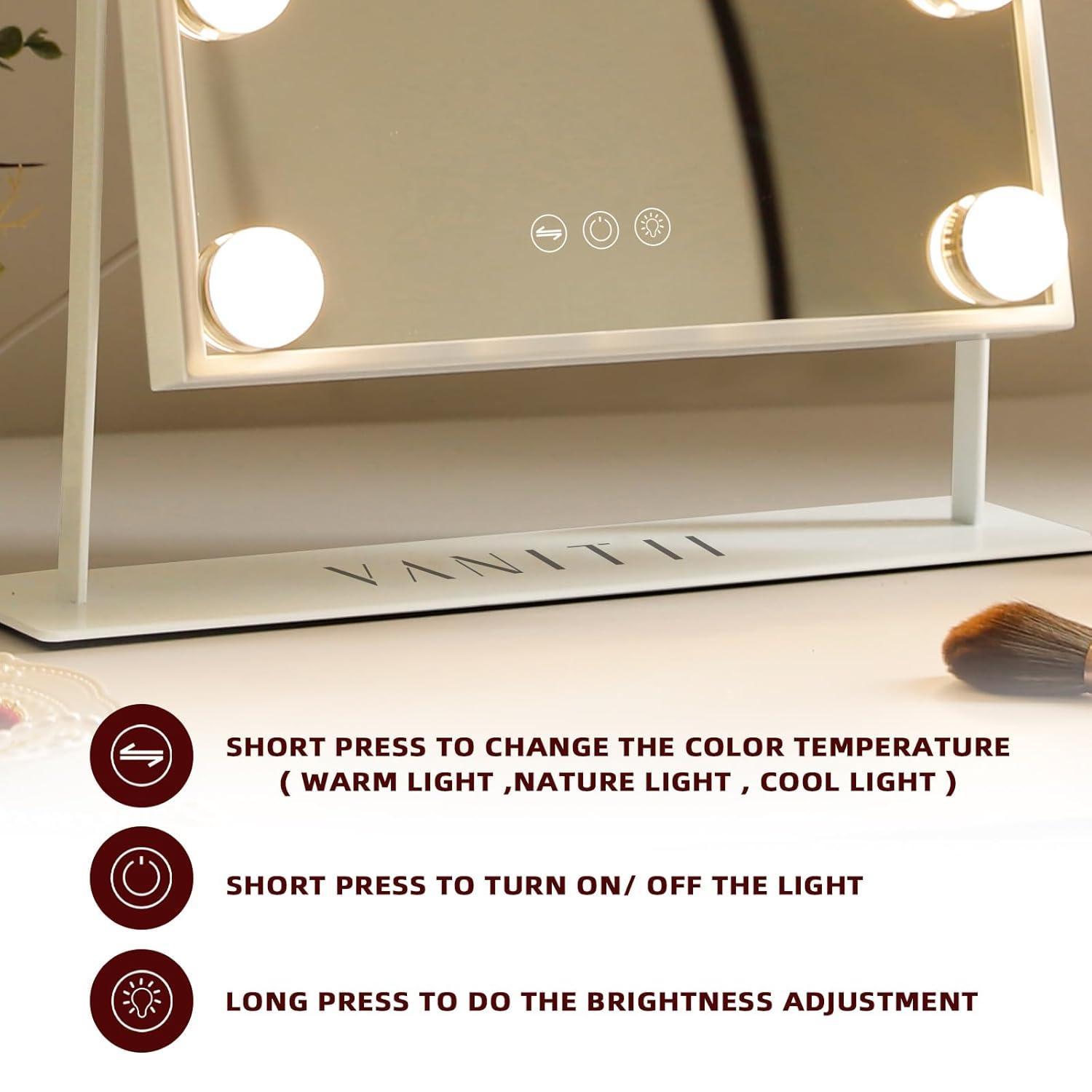 VANITII LLC VANITII Hollywood Vanity Makeup Mirror With 12 LED Bulbs Wireless Charge White Bluetooth 10X Magnifying Glass Smart Control