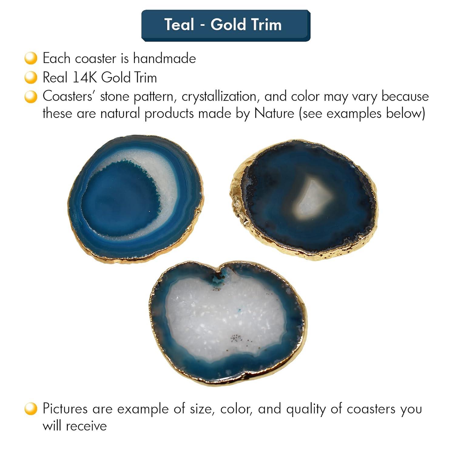 Nature's Decorations Teal Gold Rimmed Agate Stone Coasters - Set of 4, Polished Geode Drink Mats for Dining & Coffee Table & Kitchen Geode Decor Non-Toxic 3.5-4" Diameter