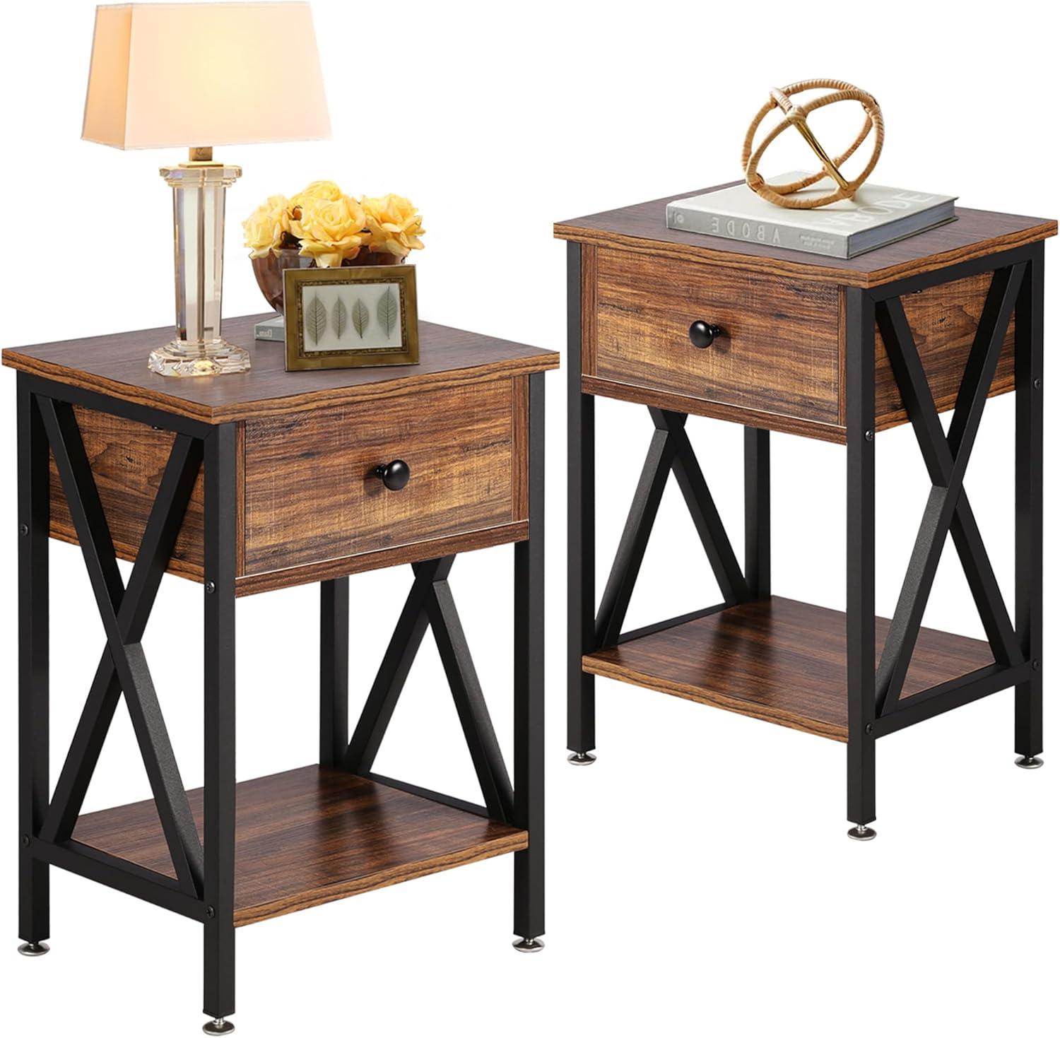 VECELO Nightstands Set of 2, Modern Bedside End Tables, Night Stands with Drawer and Storage Shelf for Living Room Bedroom, Industrial Metal Frame, Vintage