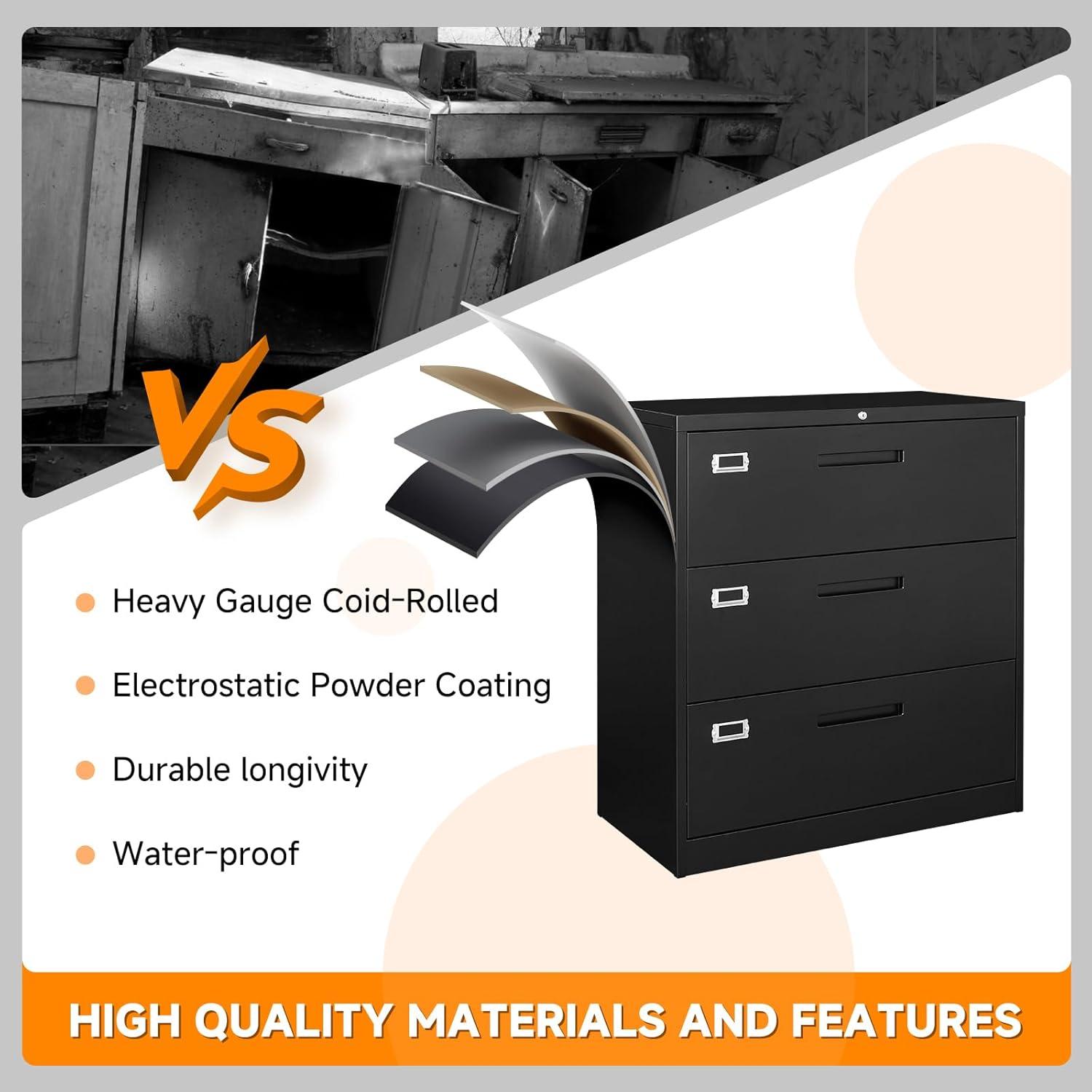 MIIIKO Lateral File Cabinet with Lock, 3 Drawer Lateral Filing Cabinet, Large Deep Drawers Locked by Keys, Metal Storage File Cabinet for Hanging Files Letter/Legal/F4/A4 Size