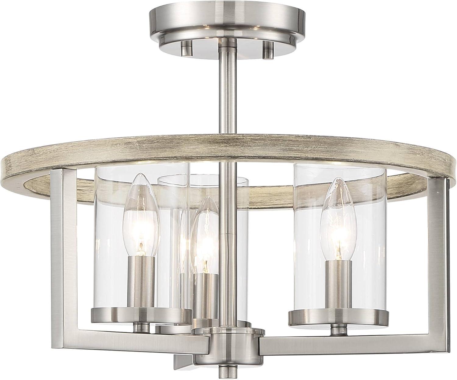 Possini Euro Design Senna Modern Industrial Ceiling Light Semi Flush Mount Fixture 15" Wide Brushed Nickel Gray Wood 3-Light Clear Glass for Bedroom