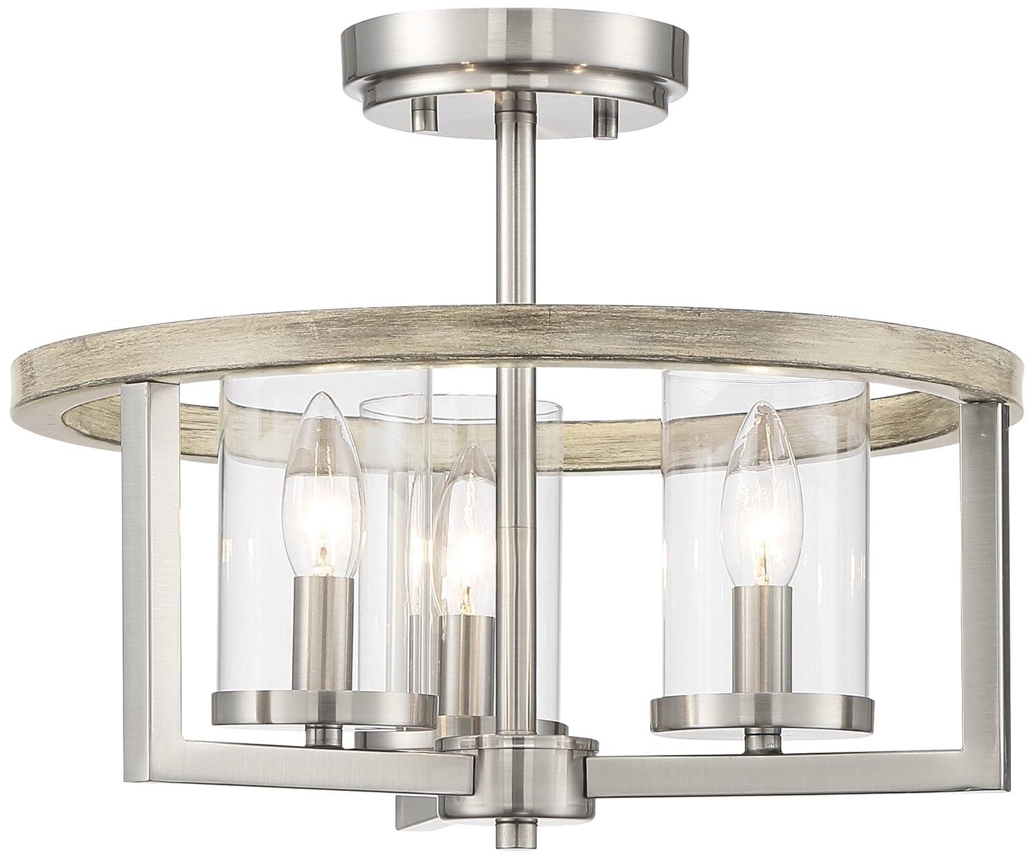 Possini Euro Design Senna Modern Industrial Ceiling Light Semi Flush Mount Fixture 15" Wide Brushed Nickel Gray Wood 3-Light Clear Glass for Bedroom