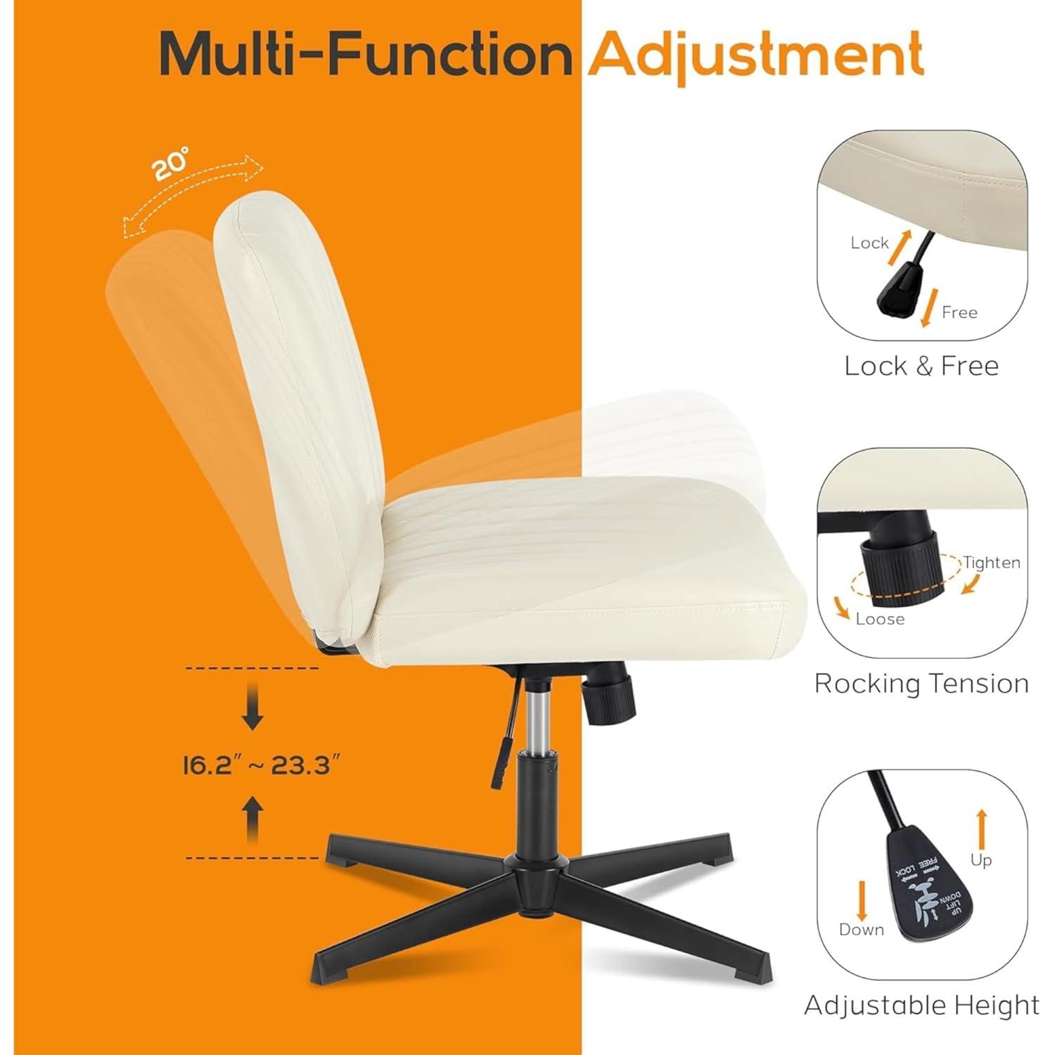 Criss Cross Chair, Cross Legged Office Chair, Wide Comfort Desk Chair, No Wheels Armless Computer Task Chair, Swivel Leather Vanity Home Chair, Height Adjustable
