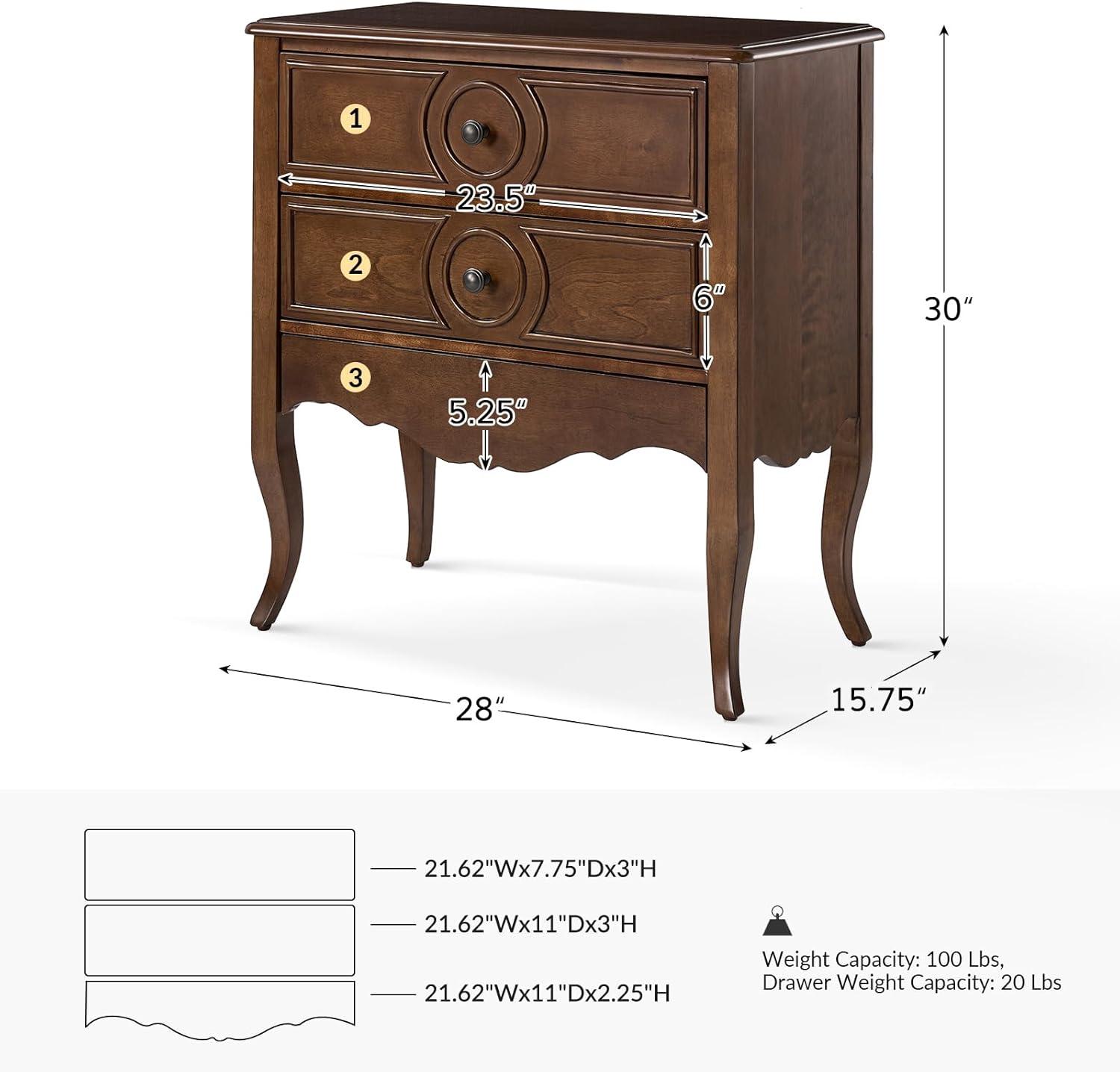 Walnut 3-Drawer Nightstand with Hidden Drawer and Charging Station