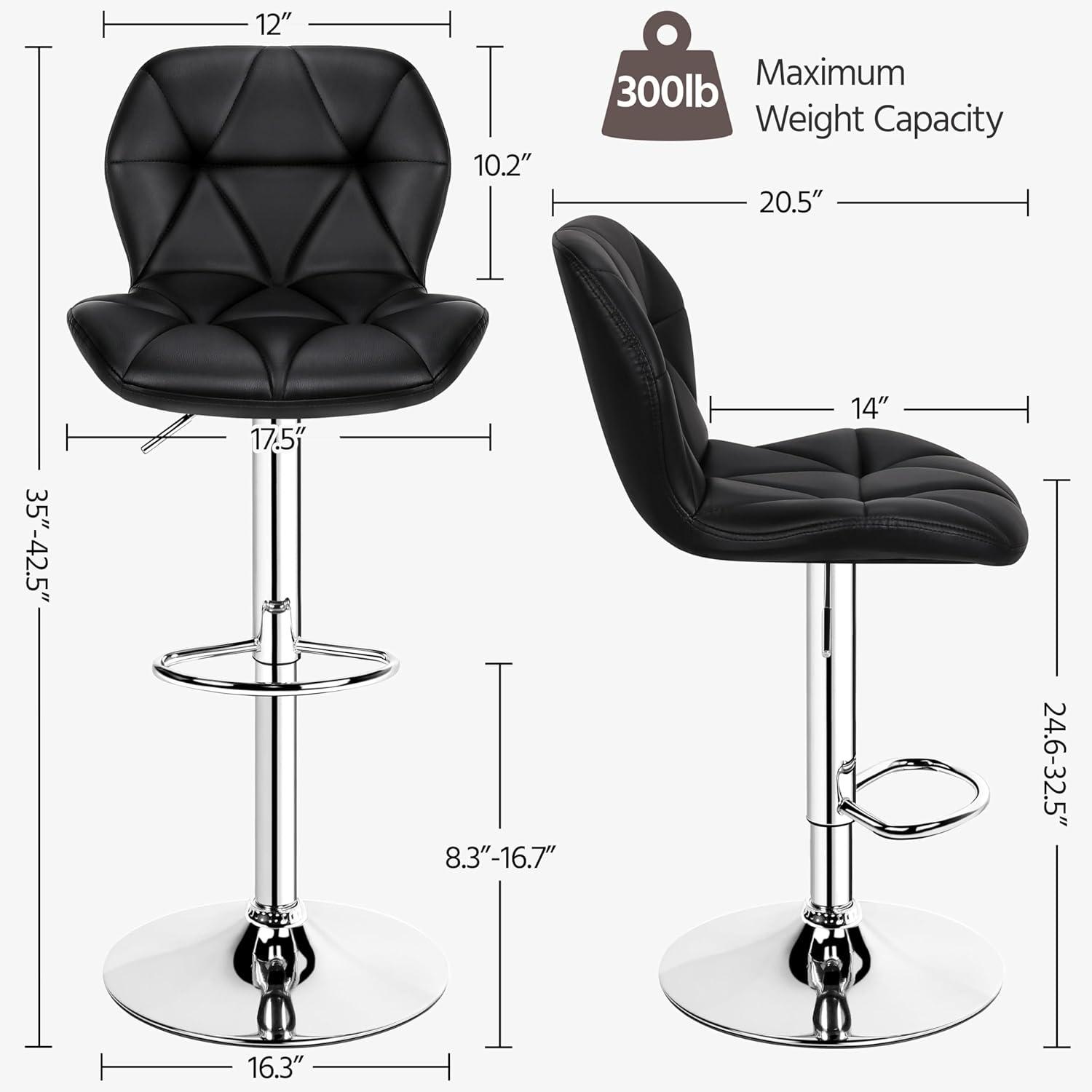 Modern Black Faux Leather Adjustable Swivel Bar Stools, Set of 2