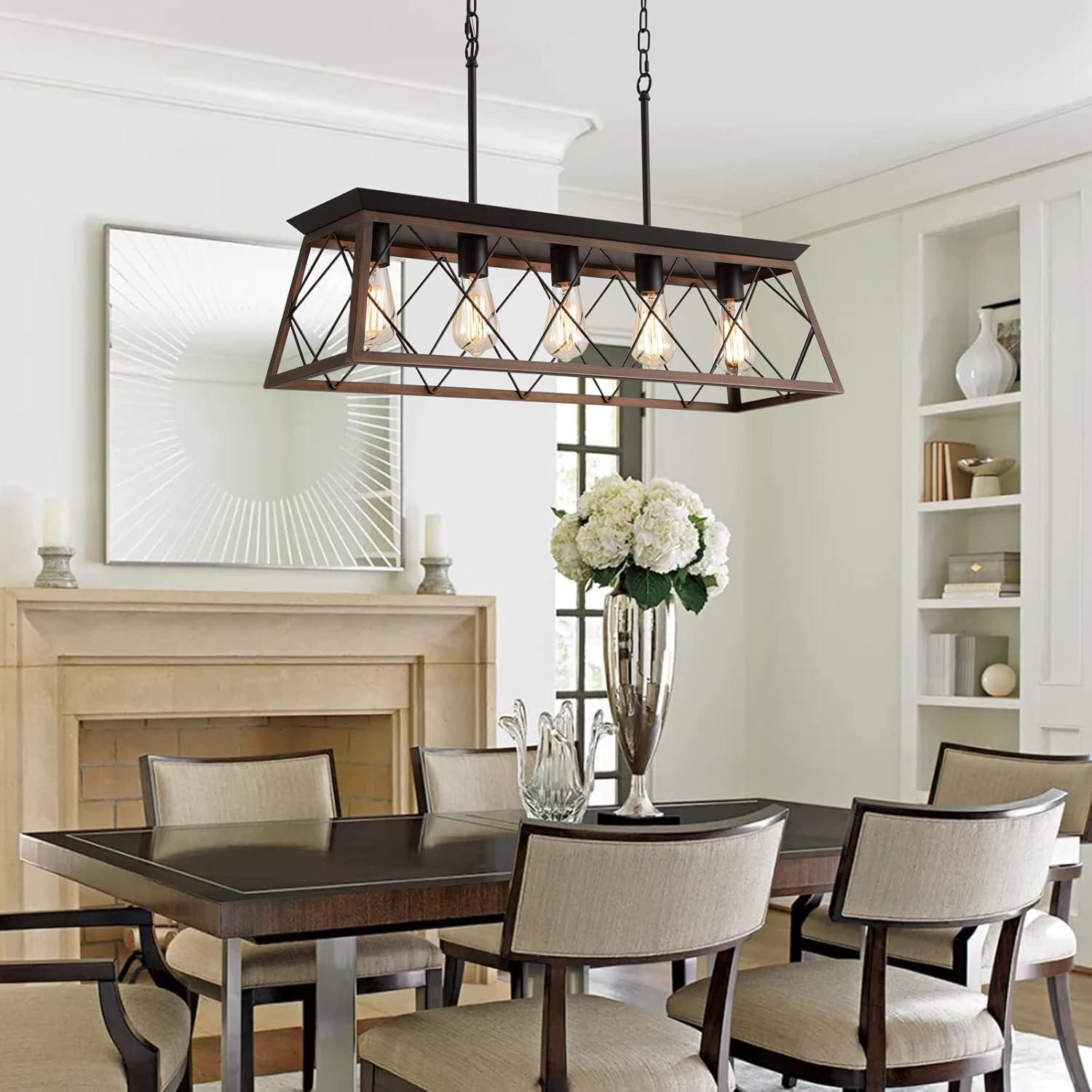 Progress Lighting Briarwood 5-Light Linear Chandelier, Antique Bronze, Faux-Painted Wood Enclosure