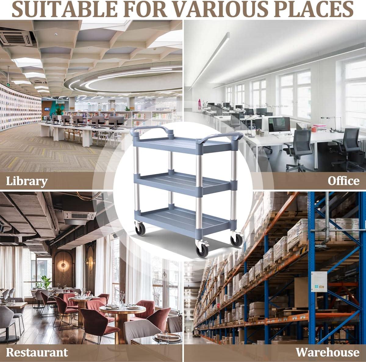 Service Cart Heavy Duty 3-Shelf Rolling Utility/Push Cart with Lockable Wheels, 360 lbs. Capacity, for Foodservice/Restaurant/Cleaning