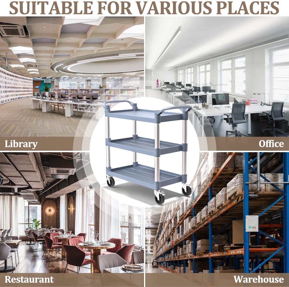 Service Cart Heavy Duty 3-Shelf Rolling Utility/Push Cart with Lockable Wheels, 360 lbs. Capacity, for Foodservice/Restaurant/Cleaning