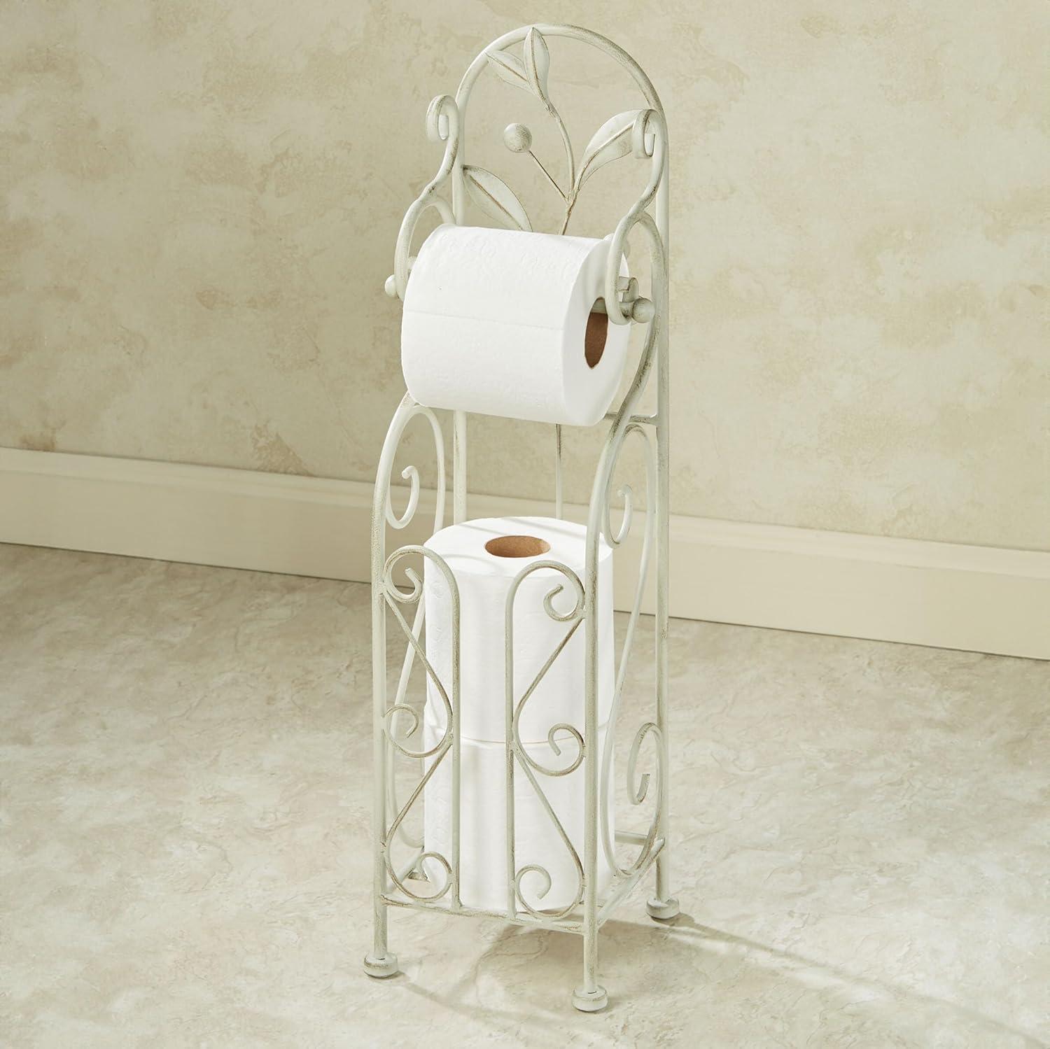 Ivory and Gold Painted Metal Scrollwork Toilet Paper Stand