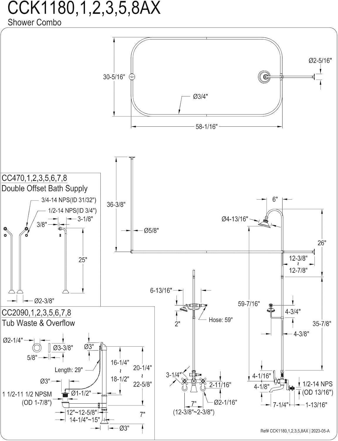 Kingston Brass Vintage Three-Handle 2-Hole Tub Wall Mount Clawfoot Tub Faucet Package with Shower Enclosure and Hand Shower