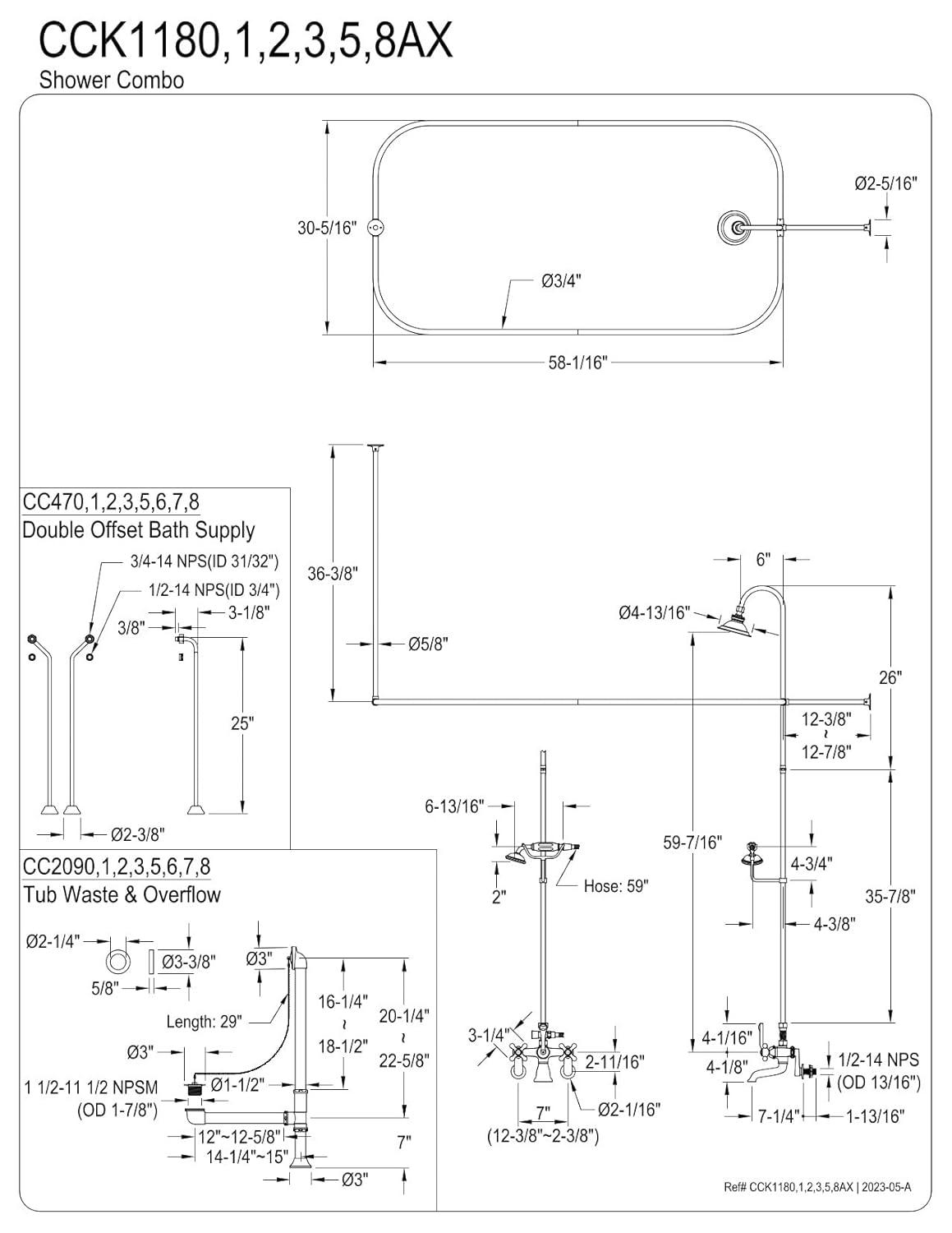 Kingston Brass Vintage Three-Handle 2-Hole Tub Wall Mount Clawfoot Tub Faucet Package with Shower Enclosure and Hand Shower