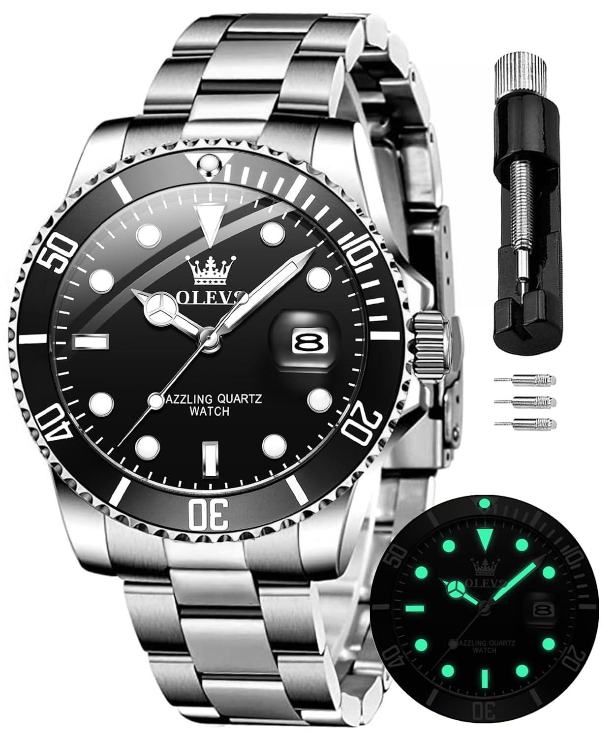 OLEVS Men Watch,Big Dial Watches for Men Stainless Steel Watch with Day Waterproof Analog Quartz Watches for Man Classic Business Wristwatch Luxury Luminous Round for Men Rotatable Bezel Watch