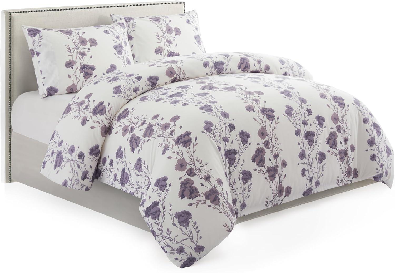 Twin Purple Carnation Floral Rayon Bamboo Duvet Cover Set