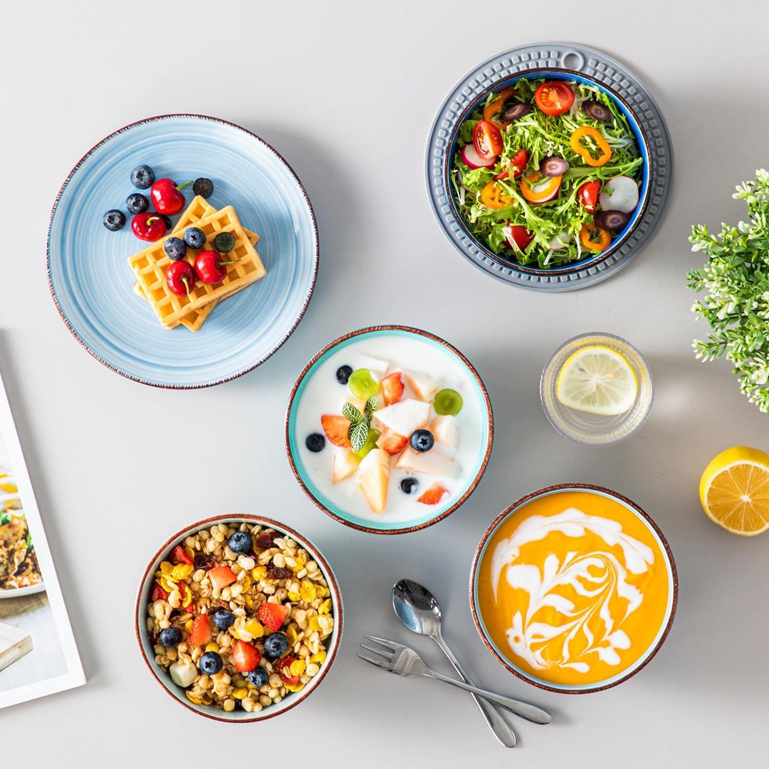 Bonita Blue Dinnerware Sets, Plates and Bowls Set for 4, 12 Pieces Stoneware Dinnerware Set, Dishwasher and Microwave Safe