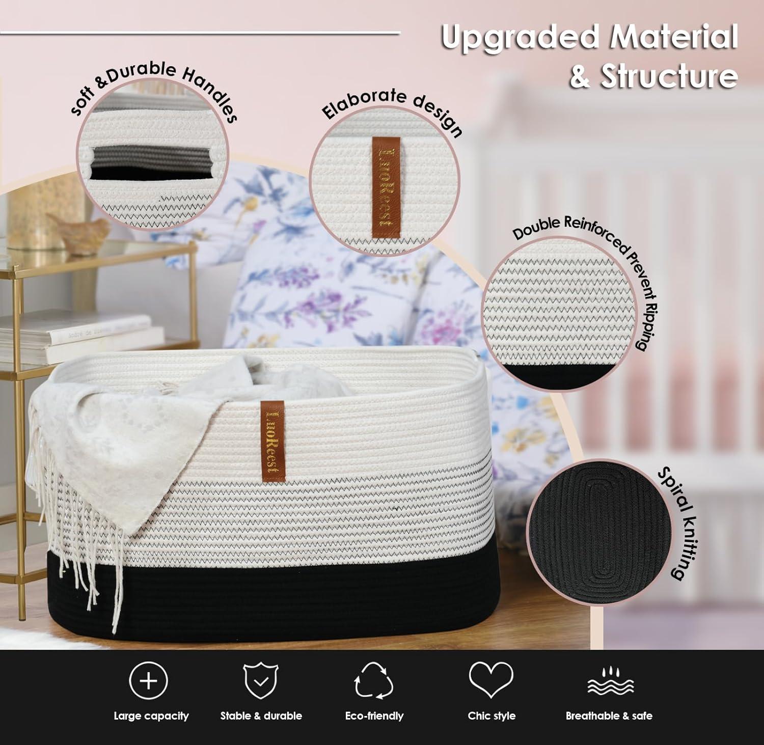 OIAHOMY Large Blanket Basket, Rectangle Woven Baskets for Storage, Nursery Blanket Basket Living Room, Toy Basket with Handle, Large Baskets for Organizing-22”x17”x12”-Gradient Black