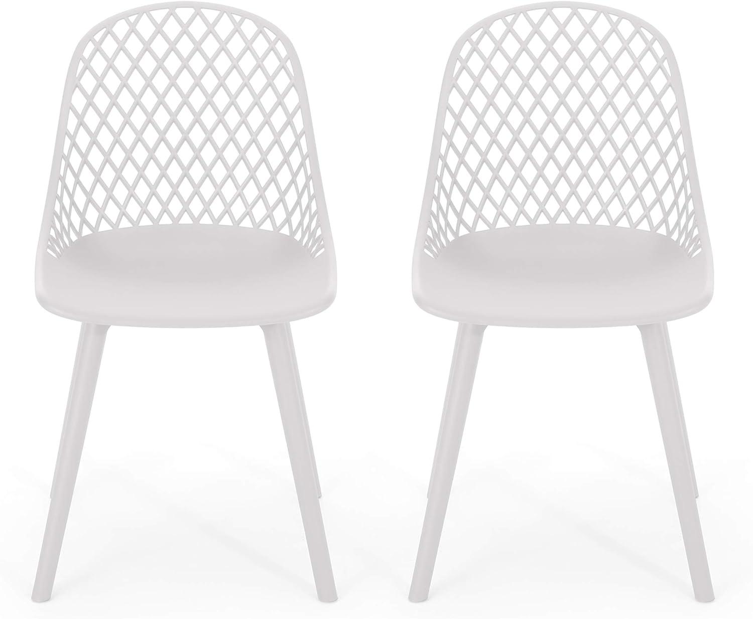 White Armless Outdoor Dining Chairs with Diamond Mesh Pattern, Set of 2