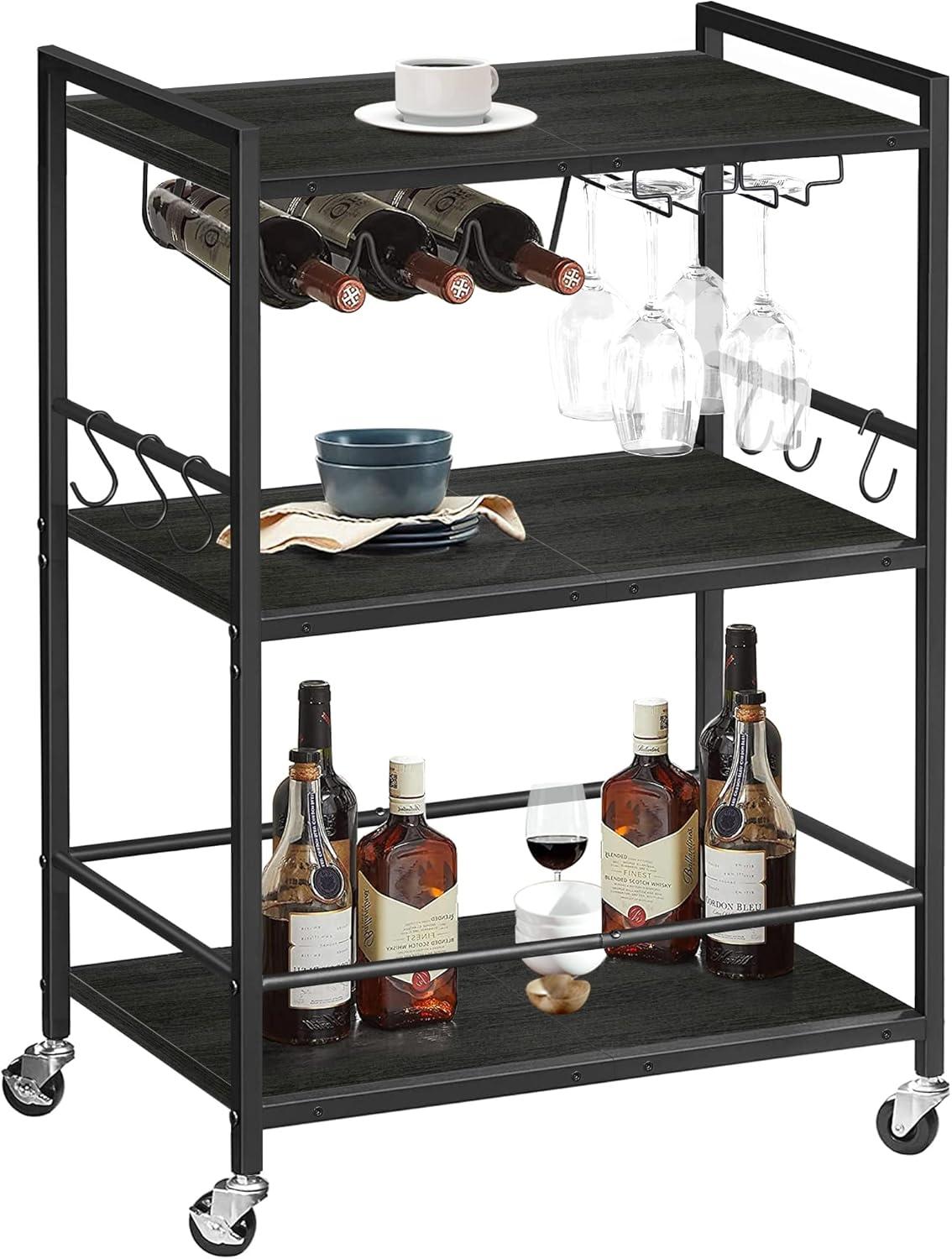 Black Metal Rolling Bar Cart with Wine Rack and Glass Holder