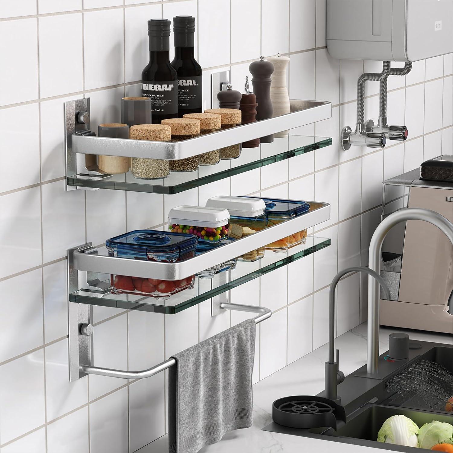 Matte Silver Bathroom Shelves Wall Mounted- Clear Tempered Glass Shelf with Towel Bar and Hand Towel Holder