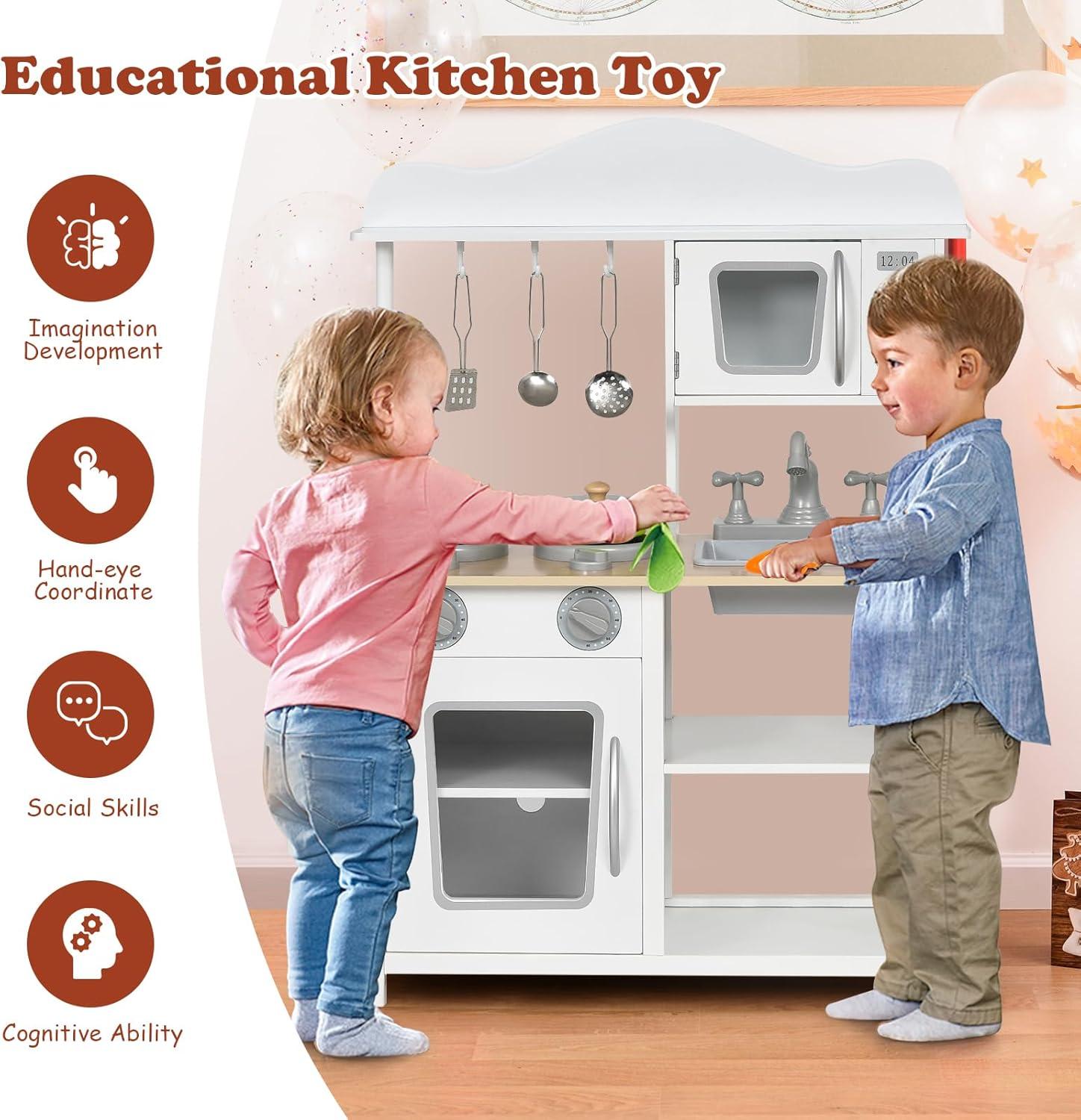 Resenkos Wooden Pretend Play Kitchen Set for Kids with Accessories and Sink, Kids Play Kitchen for Kids Ages 3-8, Gourmet Kitchen Kid's Wooden Play Kitchen