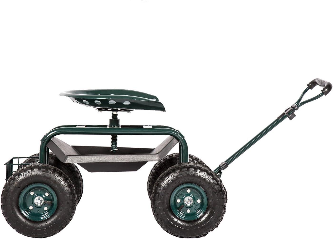 Green Heavy-Duty Steel Rolling Garden Cart with Tool Tray